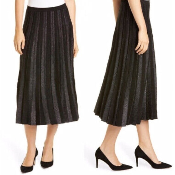 Lewit Skirt Womens Large Black Shimmer Pleated Knit Midi Skirt Elastic Waist - Picture 1 of 7
